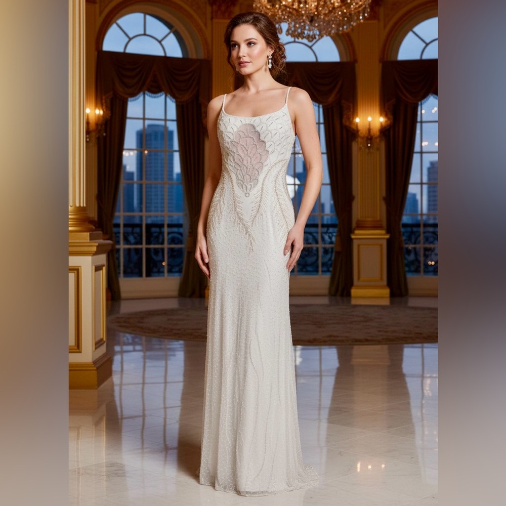Elegant White hand beaded Evening Gown